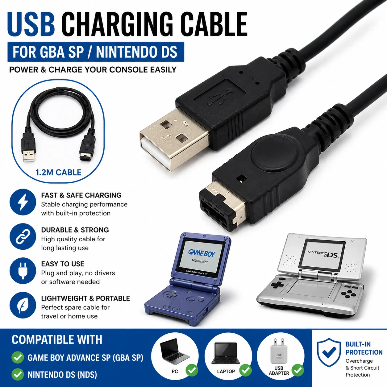 USB Charger Charging Lead Cable for Nintendo DS NDS & Gameboy advance SP GBA SP