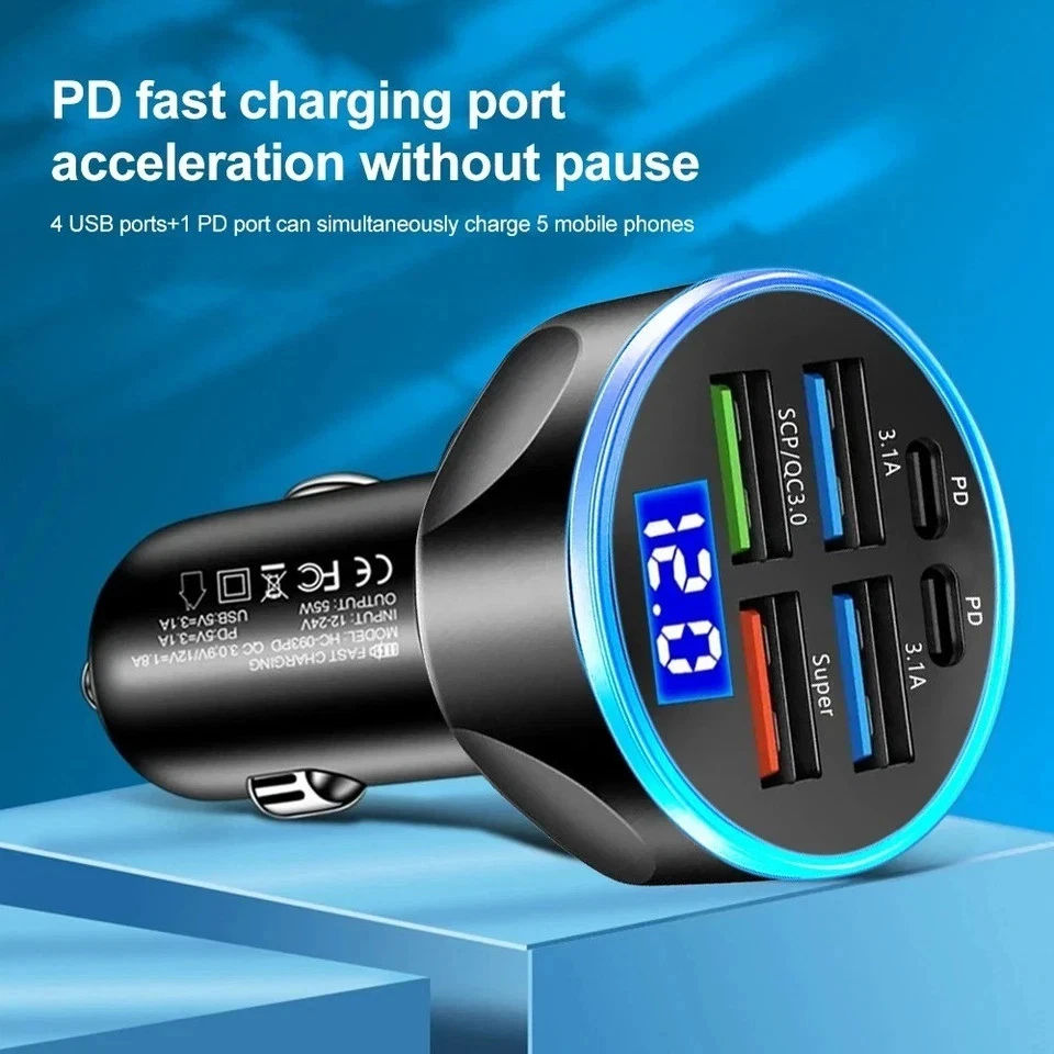 6-Port 250W USB C Car Charger PD+QC 3.0 Fast Charger 12-24V Voltage Display - Image 2