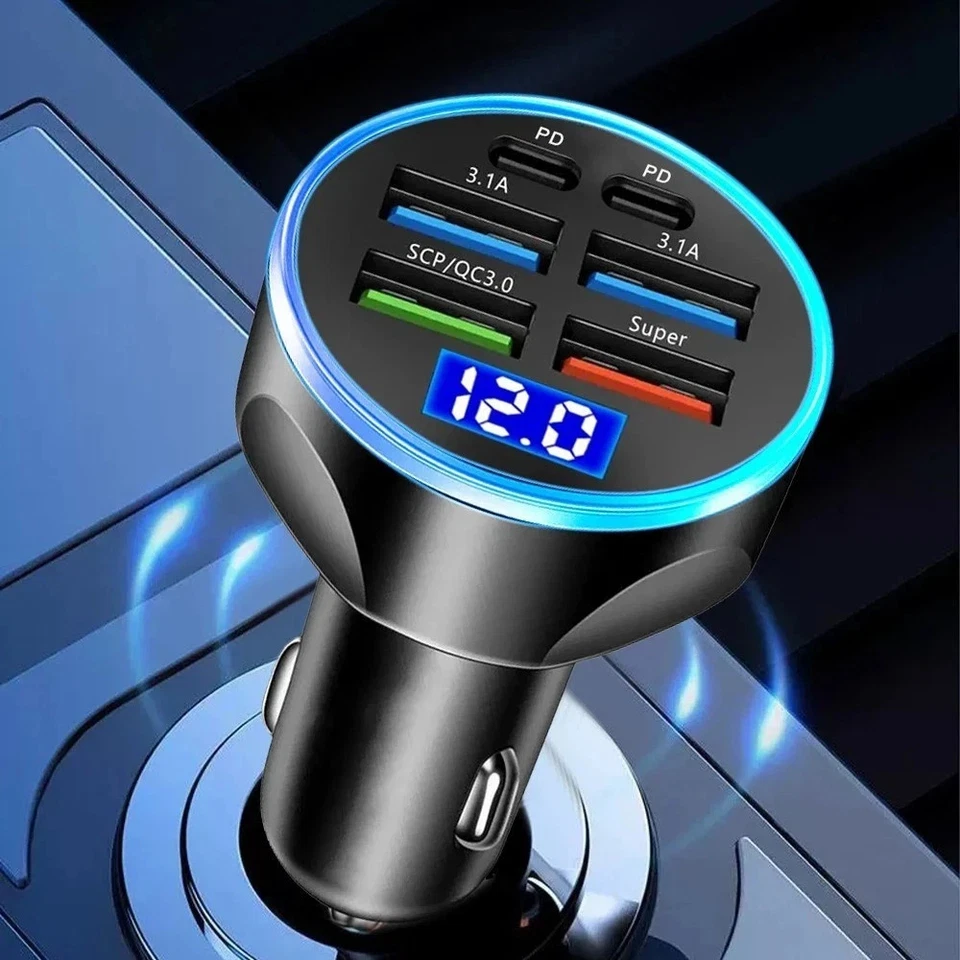 6-Port 250W USB C Car Charger PD+QC 3.0 Fast Charger 12-24V Voltage Display - Image 3
